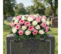 Comebachome Headstone Flower Saddle, Artificial Headstone Flowers with 34 Realistic Roses for Grave Decor, Adjustable & Long-Lasting Memorial Floral Arrangement, Summer Use