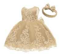 Comebachome Toddler Gold Dress, Lace V-Back Princess Dress with Bowknot Headwear for Kids Baby Girls Birthday Wedding(100cm)
