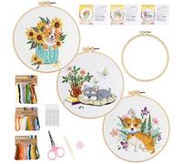 comeder 3 Sets Embroidery Kits for Beginners & Adults, All-Inclusive Embroidery Starter Kits with Patterns, Threads, Hoop, Needles & Instruction Perfect for Relaxation & Creativity (Flower Dog)
