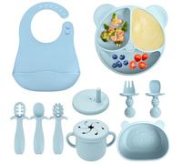 comeder Baby Weaning Set, 10 Pcs Silicone Baby Feeding Set, Baby Led Weaning Feeding Supplies for Toddlers, Baby Plates and Bowls Sets with Adjustable Bib, Food Plate Kit, Fork & Spoon (Blue)