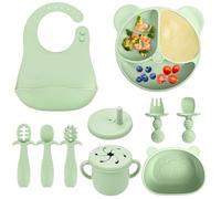 comeder Baby Weaning Set, 10 Pcs Silicone Baby Feeding Set, Baby Led Weaning Feeding Supplies for Toddlers, Baby Plates And Bowls Sets with Adjustable Bib, Food Plate Kit, Fork & Spoon (Green)
