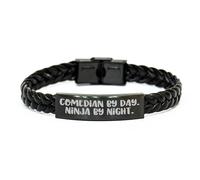 Comedian By Day. Ninja By Night. Braided Leather Bracelet, Funny Gift for Comedian Friends on Birthday from Family, Unique Birthday Unique Gifts for Comedian Men or Women, Small, Leather, no gemstone