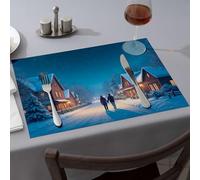 Comedor A Couple Walks Hand In Down A Snow-Covered Street Under A Starry Night Sky. Dining Place Mats Summer Table Runner Western Tablecloth(6PCS)