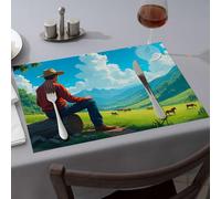 Comedor A Cowboy Sits On A Log, Gazing At Horses Grazing In A Lush Valley Dining Place Mats Yellow Placemats Rustic Home Decor(4PCS)