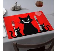 Comedor Three Black Cats With Sharp Teeth On Red Background Dining Place Mats Strawberry Rug Placemats(1PCS)