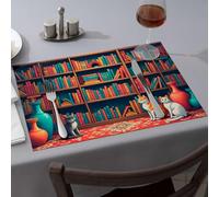 Comedor Three Cats Sit On A Patterned Rug In Front Of Colorful Bookshelves Dining Place Mats Table Cloth Washable Placemats(4PCS)