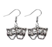 Comedy Tragedy Mask Pair Earrings Drama Arts Acting Dangle Drop Theatre Actor Thespian Art Dramatic Faces Masks Jewellery Performer Performing Greek Stage Gift Silver Earring