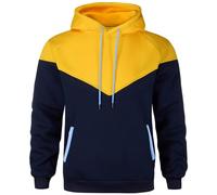 comefohome Mens Hoodies UK Pullover Color Block Sweatshirts Long Sleeve Fleece Hoody Drawstring Casual Designer Tops with Pockets Yellow Navy XXL