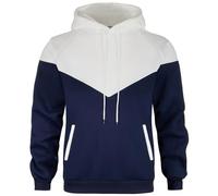 comefohome Mens Hoodies UK Pullover Color Block Sweatshirts Long Sleeve Fleece Hoody Drawstring Casual Designer Tops with Pockets White Navy S