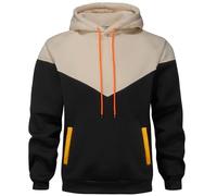 comefohome Mens Hoodies UK Pullover Color Block Sweatshirts Long Sleeve Fleece Hoody Drawstring Casual Designer Tops with Pockets Beige Black XL