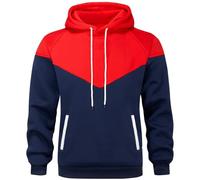 comefohome Mens Hoodies UK Pullover Color Block Sweatshirts Long Sleeve Fleece Hoody Drawstring Casual Designer Tops with Pockets Red Navy XXL