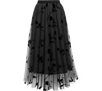 comefohome Skirts for Women UK Elasticated Waist Midi Length Pleated Tulle Skirt A Line Floral Long Summer Skirts Black XS