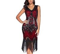 Comeon Gatsby Dress, Women 1930s Art Deco Sequin Paisley Flapper Tassel Glam Party Cocktail Dresses(Burgundy,S)