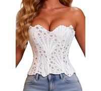 comeondear 14 Bones Women's Corset Top, Adjustable Lace-up Back Strapless Bustier Floral Embroidery Basque Lingerie Bridal Nightwear, Plus Size UK 14, White