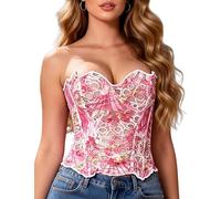comeondear 14 Bones Women's Corset Top, Adjustable Lace-up Back Strapless Bustier Floral Embroidery Valentines Basque Lingerie for Honeymoon, Plus Size UK 16, Pink