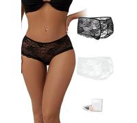 comeondear 2 Pack French Knickers Lace Thongs for Women Box Package, Plus Size Soft Sexy Panties Back Criss Cross Sheer Underwear Multipack, Floral Brazilian Briefs Black & White UK 8-10