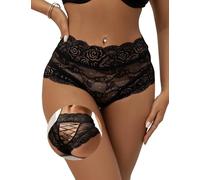 comeondear Black Lace Knickers for Women Plus Size Thongs Panties Mesh Stretchy Brazilian French Knickers High Waist Sexy Ladies Panty Briefs Underwear Underpants Bikini UK 12 14