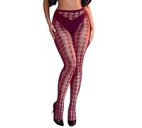 comeondear Burgundy Fishnet Tights Womens Plus Size 3XL-5XL, Houndstooth Patterned Goth Tights Tartan Funky Pantyhose Lace Fish Net Stockings Leggings Christmas Rave Outfit for Everyday Wear