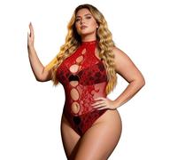 comeondear Hollow out Womens Lingerie Set L-2XL, Plus Size Fishnet Body Stocking Halter Neck Lace Teddy Mesh Bodysuits Backless Bodystockings Sexy Nightwear Valentines Gifts for Her, Red