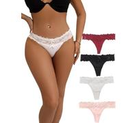 comeondear Lace Thongs for Women Plus Size Naughty Tangas Knickers Cotton Pads Panties Ladies Lace Underwear Sexy Stretchy Hollow Panties Briefs Black White Pink Red 4 Pack