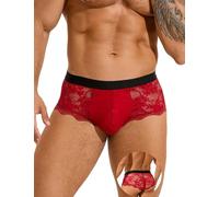 comeondear Mens Lace Underwear Briefs Sexy Knickers See Through Underwear Sissy Outfits Breathable Mesh Lingerie for Men Underpants Bulge Enhancing Lingerie Red 2XL