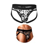 comeondear Men's Thong Underwear Low Rise Floral Lace Jock Straps S-XXL | See Through Panties, Bulge Pouch, Sexy Jockstrap, Plus Size, Stretchy Waistband, Sissy Lingerie, Bikini Briefs