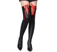 comeondear Plus Size Thigh High Socks PU Leather, Lace-up over Knee Socks Womens with Detachable Ribbons, Stretchy Legwear Sexy Club Stockings for Suspenders Red, 3XL-5XL