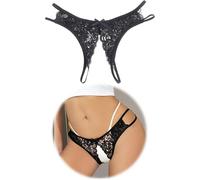 comeondear Sexy Crotchless Thongs for Women Plus Size Lace French Knickers G-Strings Tanga Micro Thongs Underwear Briefs Cheeky Underwear Stretchy Ladies Panties Bikini Bow Black UK 14