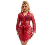 comeondear Sexy Lace Robe for Women Sheer Kimono Dressing Gown Ladies Nightdress Babydoll Nightwear Plus Size Lingerie Sets with G-String, Belt Red