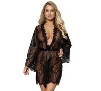 comeondear Sexy Lace Robe for Women Sheer Kimono Dressing Gown Ladies Nightdress Babydoll Nightwear Plus Size Lingerie Sets with G-String, Belt Black