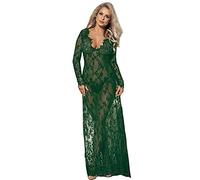 comeondear Sexy Lingerie Babydoll for Women Sets Plus Size Lace Long Nightdress Mesh Robe V Neck Ladies Nightwear Soft Bridal Chemise Nighties with Thongs Green 20-22