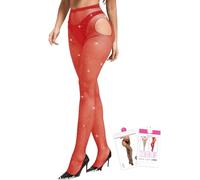comeondear Sparkly Fishnet Tights Womens Hollow Out, Plus Size Glitter Rhinestone Pantyhose Shiny Funky Tights Fish Net Leggings Sexy Christmas Outfit Stockings for Suspenders, Red L XL 2XL