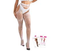 comeondear Sparkly Fishnet Tights Womens Plus Size, Hollow Out Glitter Rhinestone Pantyhose Shiny Funky Tights Fish Net Leggings Sexy Rave Outfit Stockings for Bridal, White 3XL 4XL 5XL