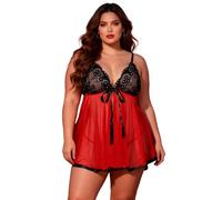 comeondear Women Plus Size Lingerie Sets Sexy Lace Trim Nightdress Adjustable Straps Mesh Nighty V Neck Sleepwear with G-String Red 7XL UK 28