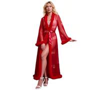 comeondear Women Plus Size Sexy Kimono Robe Lingerie Long Sheer Mesh with Feather Trim Nightwear Kimono Dress Lingerie Bath Robe with Silk Belt UK 8-22