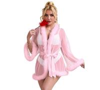 comeondear Women Plus Size Sexy Kimono Robe Sheer Lace Fluffy Dressing Gown with Feather Trim Mesh Nightwear Lingerie Set with Satin Belt Pink UK 20 22