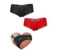 comeondear Women‘s Knickers Sexy Satin Panties with Cotton Crotch 2 Pack, French Lace Smooth Underwear Multipack Low Waist Stretchy Ladies Bikini Briefs Size 12-14, Black & Red
