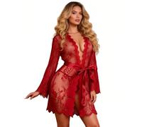 comeondear Women’s Sheer Lace Robe Long Sleeve Sexy Kimono Dressing Gown | Plus Size Lingerie Sets, Lightweight Babydoll Nightwear with Satin Belt, Thongs UK 8-26