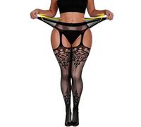 comeondear Women Suspender Tights Plus Size Gothic Patterned Tights XS-5XL | Mock Garter Stocking, Hollow out, High Elastic for Curvy, Anti-Slip Wide Waistband, Vintage Halloween Outfits, Box Package
