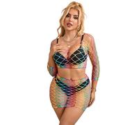 comeondear Womens Fishnet Crop Top and Shorts Rainbow Hollow Out Teddy Body Suits Lingerie Set Plus Size Sexy Outfits Sheer Chemise Nightwear Stockings UK 14-18