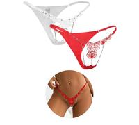 comeondear Womens G-String Thongs Sexy Floral Tanga Briefs Ladies Plus Size Underwear Micro Bikini Low Rise T-Back Panties Rhinestones Knickers Red White UK 18 2XL