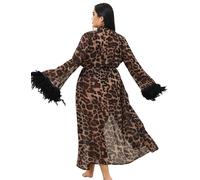 comeondear Women's Leopard Print Long Kimono Robe Sexy Mesh Lingerie Nightwear with Detachable Black Feather Cuffs Plus Size Sheer Dressing Gown with Belt XXL