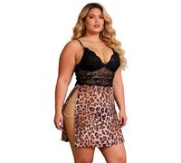 comeondear Womens Sexy Babydolls Lingerie Sets Plus Size Lingerie Leopard Split Skirt with Chain Lace Mesh Nightdress Chemise Sexy Outfits V-Neck Nightwear G-strings UK 12-14