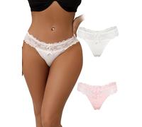 comeondear Women's Sexy Lace Mesh Panties Seamless Plus Size Cheeky Tangas Knickers Ladies Stretchy Low Rise Bikini Briefs Lace Underwear for Female White Pink 2 Pack