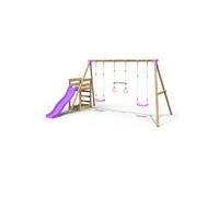 Rebo® Children's Wooden Swing Set Plus Deck and Slide - Comet Pink | OutdoorToys | Kids' Playset - Sturdy Construction, Pressure Treated Timber, Soft-Feel Ropes