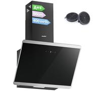 COMFEE' 60cm Angled Cooker Hood Class Tempered Glass Extractor Hood with Touch Screen, LED and Recirculating & Ducting System Wall Mounted Extractor Fan kitchen, Black [Energy Class