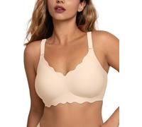 COMFELIE Seamless Wireless T-Shirt Bra for Women, Full Coverage No Underwire with Deep V Neck, U-Back & Lace Trim, Beige, XXL