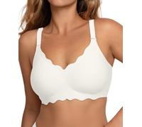 COMFELIE Seamless Wireless T-Shirt Bra Woman No Underwire Full Coverage Deep V Neck U-Shape Back Lace Trim, White, XL