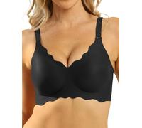 COMFELIE Seamless Wireless T-Shirt Bra Woman No Underwire Full Coverage Deep V Neck U-Shape Back Lace Trim, Black, L