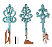 Antique Chic Cast Iron Decorative Wall Hooks - Rustic - Shabby French Country Charm - Large Decorative Hanging Hooks - Set of 3 - Screws and Anchors for Mounting Included- Blue